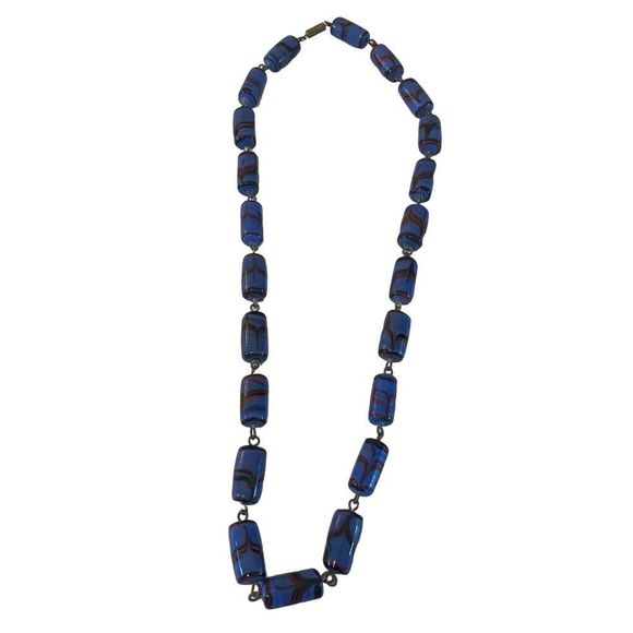 Vintage Ceramic Beaded Blue & Red Cylinder Necklace w/Screw Clasp. - Picture 5 of 6